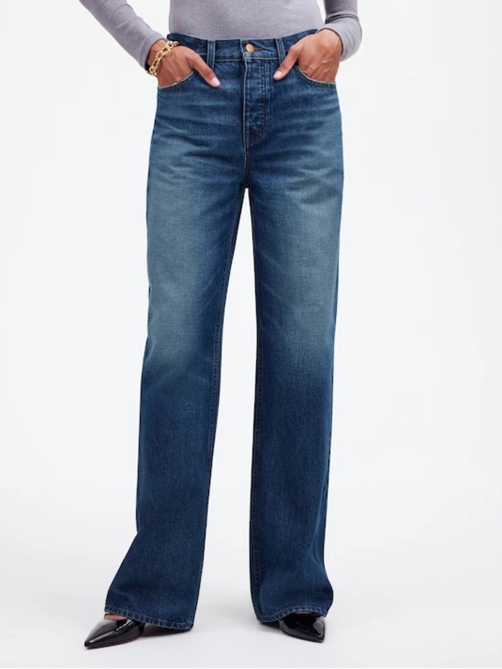 Madewell Low-Slung Baggy Jeans Moffat Wash Cotton Denim Wide Leg Dark Wash